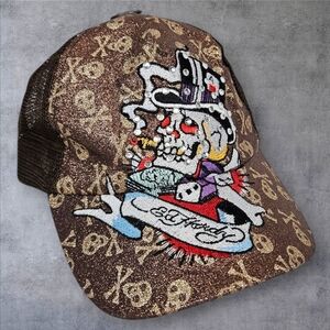 Vintage Y2K Ed Hardy Bronze Skull Trucker Snapback Hat‎ Sparkle Bedazzled Unisex